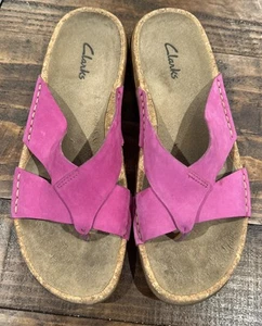 Clarks Suede Cork Slip-On Sandals Flip Hot Pink Sz 8M Womens - Picture 1 of 5
