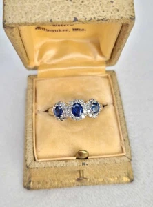 Vtg 14k White Gold Natural Blue Sapphire & Diamond Halo Ring Size 9 - 4.6g - Picture 1 of 9