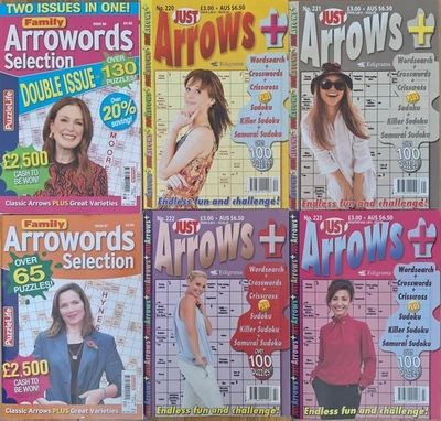 6 x Arrow Words Puzzle Books (Family 86 & 87 / Just+ 220 - 223) over 595 puzzles - Image 1 of 4