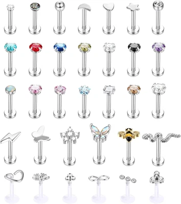 33 PIEZAS 16G Acero Inoxidable Rosca Interna Circonita cúbica Piercing Joyería para Tragus/Co Foto 1 de 4