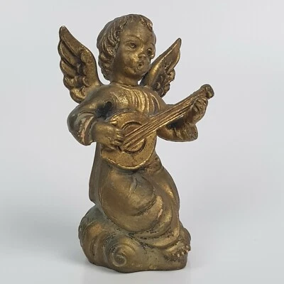 SCULTURA SPLENDIDA STATUA STATUETTA PUTTO DORATO MUSICANTE IN RESINA AMORINO 900 - Immagine 1 di 4