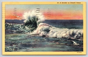 A Breaker on Atlantic Ocean Vtg Linen Postcard - Picture 1 of 2
