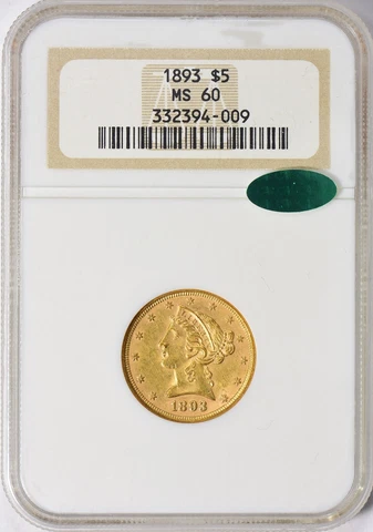 1893 LIBERTY HEAD $5 HALF EAGLE GOLD NGC MS60 CAC Cover