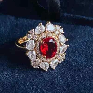 2.10Ct Oval Cut Lab Created Red Ruby Women's Wedding Ring 14k Yellow Gold Plated - Picture 1 of 6