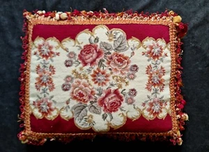 Needlepoint Burgundy Ivory Rose Pillow With Fancy Fringe 19" - Picture 1 of 21