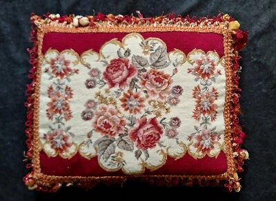 Ivory Rose Needlepoint Pillow With Fancy Fringe 19" - Image 1 of 4