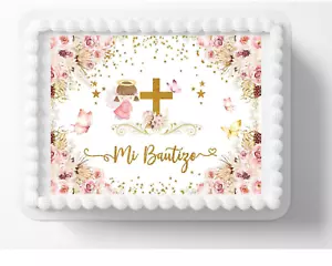 Baby Bautizo Christening Party Catholic Pink Flowers Edible Image Cake Topper 1 - Picture 1 of 1