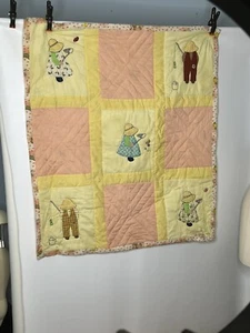 Vintage Hand Made Quilt Pink Yellow Farm Animals Girl Boy - Picture 1 of 2