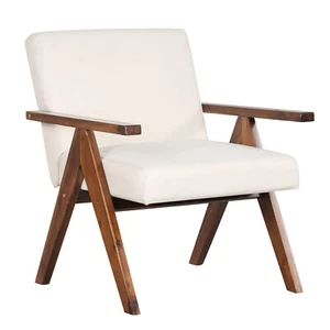 Modern Accent Chair Linen Fabric Armchair w/ Solid Acacia Wood Frame Beige - Picture 1 of 11