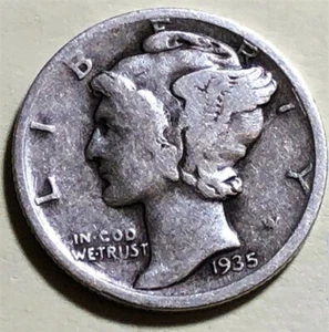 Moneda de diez centavos Mercury 1935 D circulada 90 % plata buena G a muy buena en muy buena condición - Imagen 1 de 2
