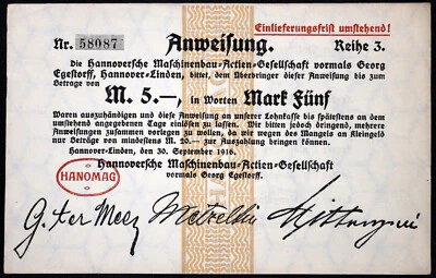 HANNOVER-LINDEN 1914 "Hanomag" 5 Mark Early WWI German Notgeld - Image 1 of 2