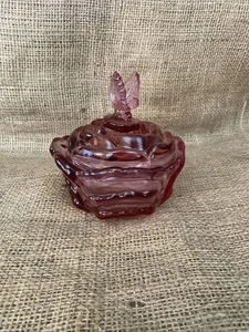 Fenton Cabbage Rose Candy Bowl Dish With Butterfly Finial Lid Dark Pink - Picture 1 of 8