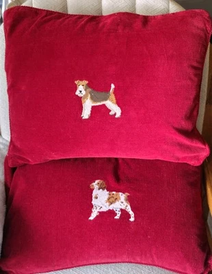 Holiday Ralph Lauren Embroidered 2 Red Throw Pillow Dog Spaniel & Fox Terrier - Image 1 of 4