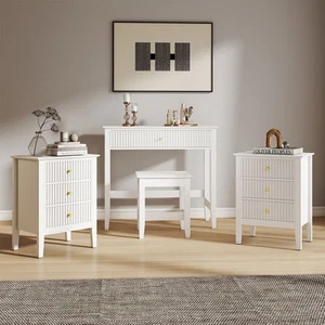 Dressing Table, Stool & Pair of 3 Drawer Bedside Tables - Hales White Range - Picture 1 of 6