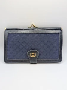 Vintage Gucci GG Canvas Wallet 7.25”  Navy Leather, KissLock Coin, with COA - Picture 1 of 10