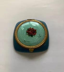 Vintage Unikat Art Deco blaues Bakelit Pulver kompakt ~ grüne Guilloche Emaille Rose - Bild 1 von 5