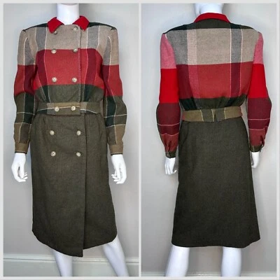 Vtg 1970s Suit Red Olive Green Plaid Jacket Wrap Skirt 70s The Strawberry Plant - Image 1 of 4