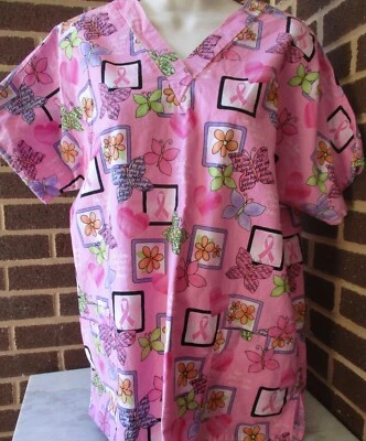 H.Q. Scrub Brand Scrub Top Size M- Breast Cancer Ribbon Pattern Pink Background - Image 1 of 4