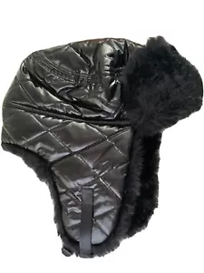 Sombrero trampero para niños - techo de edredón brillante, revestimiento de piel sintética - talla única se adapta a la mayoría - negro - Imagen 1 de 3