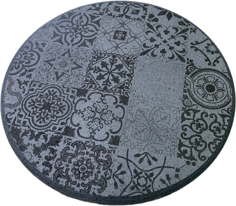 TAVOLO MAIOLICA ROTONDO IN PIETRA LAVICA DECORATO A LASER SPESSORE CM 3 - Immagine 1 di 3