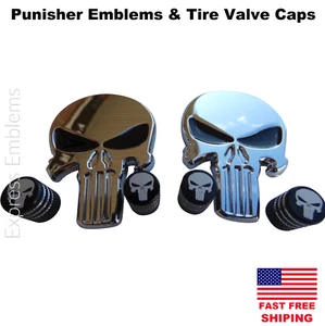 2x 3D Metal Punisher Sticker Emblem Silver + Skull Tire Cap Valves (Bundle) - Picture 1 of 6