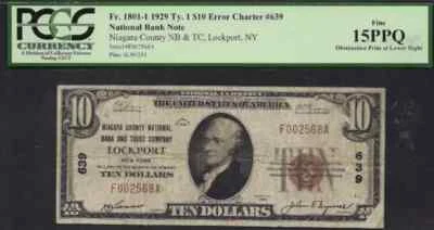 $10 1929 Niagra County NB & Trust Co. Lockport, NY Ch# 639 ERROR PCGS Fine 15PPQ - Image 1 of 2