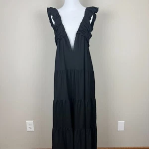 Maxi Vestido Jason Wu Para Mujer Grande Negro En Niveles Mezcla de Lino Plisado Línea A DEFECTUOSO - Imagen 1 de 17