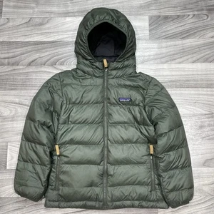 Patagonia Hi Loft Down Sweater Hoody Jacket Boy S (7-8) Green Puffer Lightweight - Picture 1 of 7