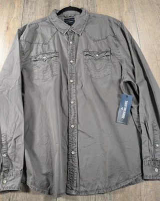 True Religion Shirt Mens 3XL Gray Button Up Jake Western Pockets Denim Slim NWT - Image 1 of 4