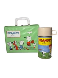 Vintage Peanuts grüne Vinyl Brotdose komplett mit Thermoskanne 1959 1965 - Bild 1 von 14