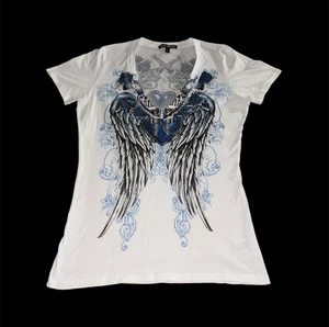 Womens Y2K Style Brad Butter Double Sided Angel Wings Graphic V Neck Top Size XL - Picture 1 of 6