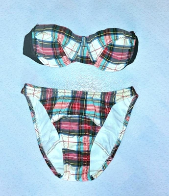 Malia Mills Y2K Cotton Poly Spandex 3 Way Bikini Top Sz P/XS Bottom Sz S Plaid - Image 1 of 4