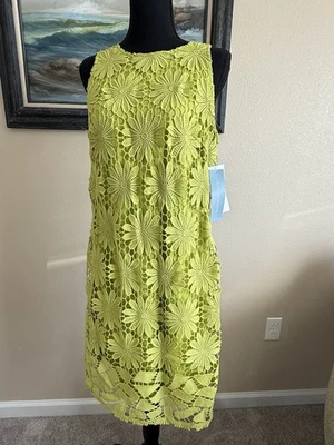 London Times Sheath Dress Size 12 Sleeveless Bright Green Lace ‘Crochet’ Flowers - Image 1 of 4