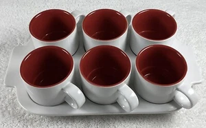 Crate And Barrel Pick Me Up Mug Set & Serving Tray Christmas Red & White *NICE* - Picture 1 of 16