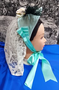 Seafoam Green Brocade Dinner Bonnet with Beige Lace Civil War Reproduction Hat - Picture 1 of 8