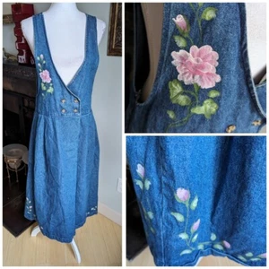 Vintage 90s Damen Medium Floral Painted On Denim Button Waist Plissee Dress - Bild 1 von 15