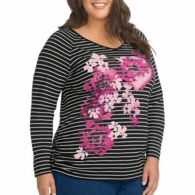 JMS STRIPE BLACK WHITE PINK FLORAL TOP LONG SLEEVE BLOUSE COTTON POLY 3X 22W/24W - Image 1 of 4