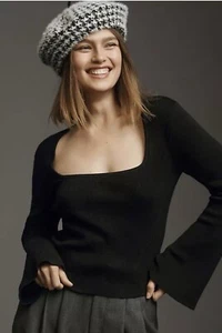 Neu Anthropologie Maeve Pullover mit eckigem Ausschnitt und Glockenärmeln Größe M SCHWARZ - Bild 1 von 15