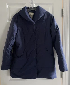 Vintage LL Bean Womens Puffer Jacket Coat Medium Navy Blue Shawl Collar Pockets - Picture 1 of 4