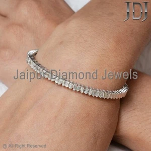 Solid 14k White Gold Gift Jewelry Natural Baguette Diamond Open Cuff Gold Bangle - Picture 1 of 12