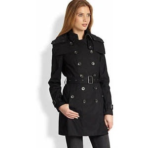 Impermeabile Burberry Brit nero doppiopetto trench cintura cappuccio rimovibile taglia 14 - Foto 1 di 8