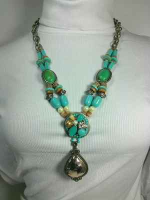 Chico’s Southwestern Howlite Turquoise Silver Tone Statement Y Drop Necklace - Image 1 of 4