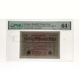 (HK)1923 Germany Republic Treasury Note 50Millionen Mark Pick#109a PMG 64EPQ UNC - Picture 1 of 5