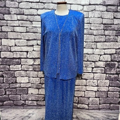 Alex Evenings 蓝色和银色匹配连衣裙和夹克 14 码 — 第 1/4 张图片