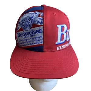 Vintage Budweiser Bud King of Beers Trucker rot & marineblau Druckknopflasche Mütze 1994 LESEN - Bild 1 von 13
