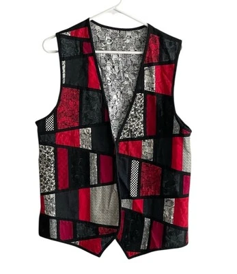 Colete feminino gato XL sem mangas patchwork vermelho preto feito à mão estampa mista - Imagem 1 de 4