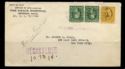 U.S.1922 REGISTERED CVR GRACE HOSPITAL MICH.wOVAL CANCELS FKD COMBO incCOIL PAIR - Image 1 of 4