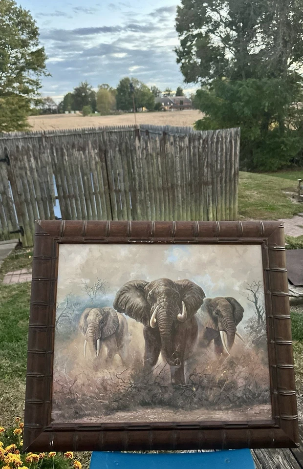 Pintura al óleo original vintage elefantes africanos enmarcada a medida Foto 1 de 4