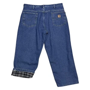 Carhartt Pants Relaxed Fit Flannel Plaid Lined Blue Work Denim Jeans Mens 36x26 - Picture 1 of 8