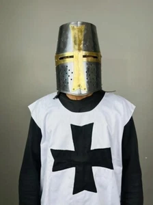 Templerhelm Heilig Messing Kreuz Templer Kreuzritter Helm mit Umhang Mittelalter - Bild 1 von 3